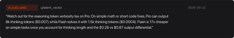 Reddit 开发者 u/latent_vector 讨论思考 token 对输出账单的影响
