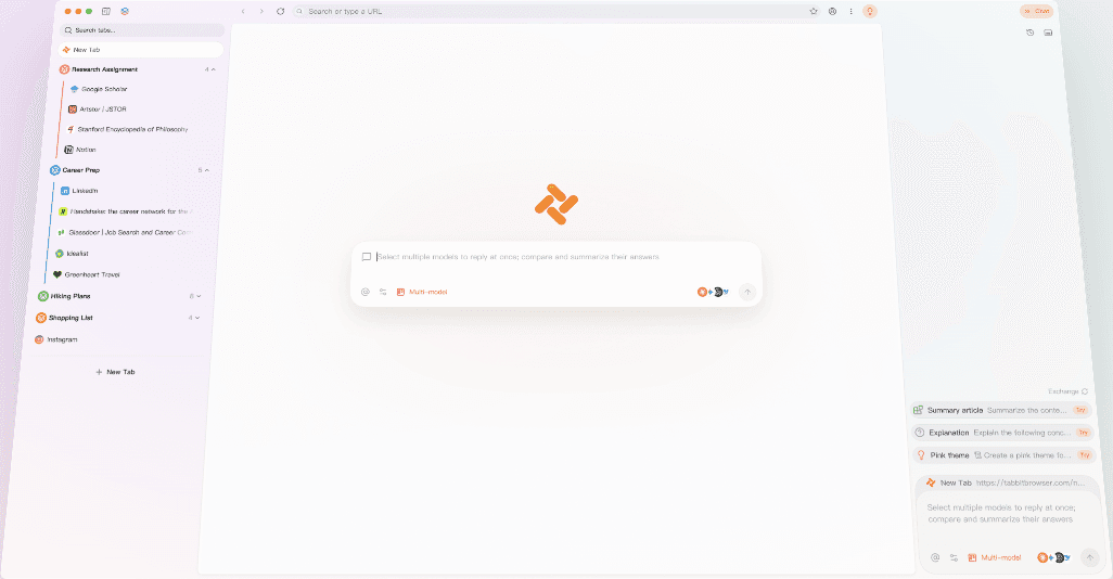 Interface do Tabbit Browser com espaços verticais, entrada central de IA e assistente lateral