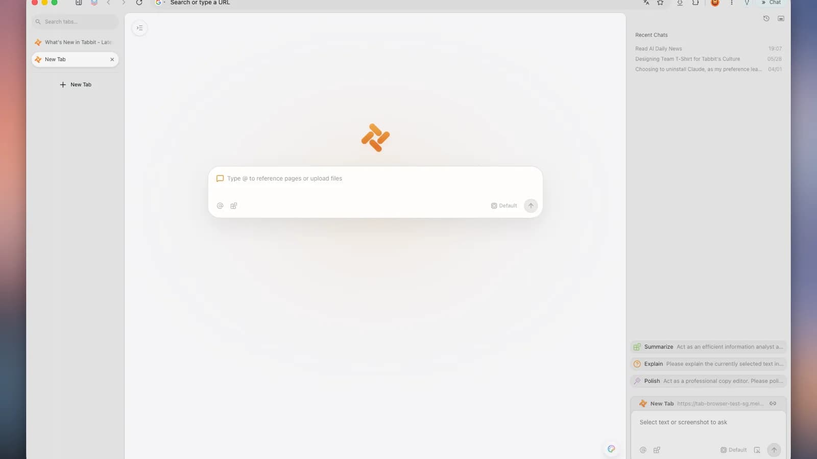 Página de nova aba do Tabbit Browser com o campo Omnibox ao centro