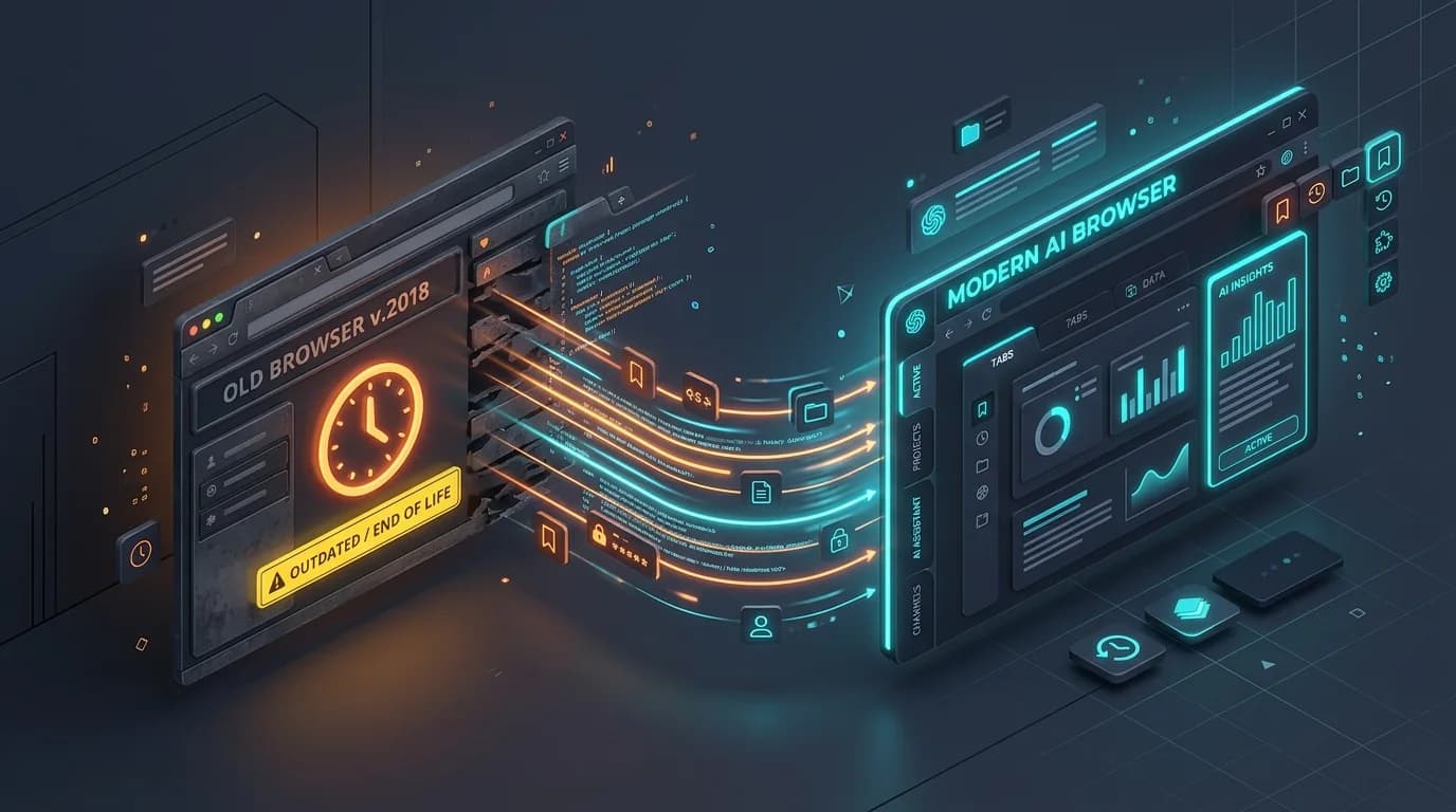 Ilustração 3D mostrando a migração de dados de um navegador antigo com relógio de manutenção para um espaço de trabalho moderno com abas verticais e IA