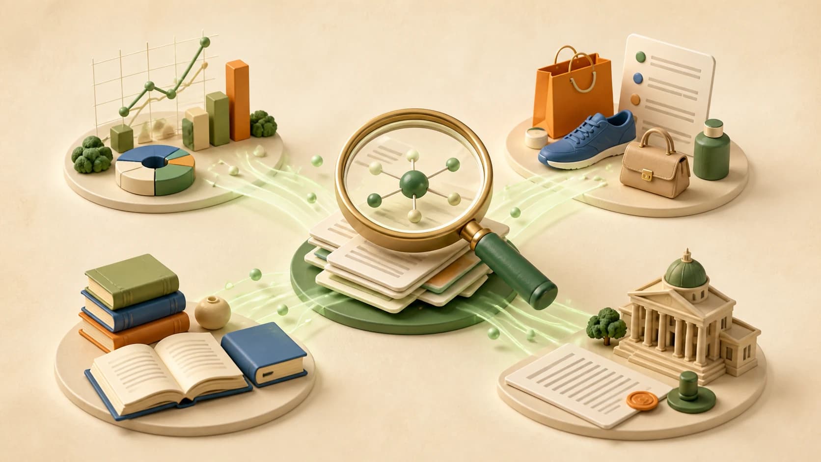 Ilustração editorial 3D de pesquisa profunda aplicada a análise, compras, literatura e políticas