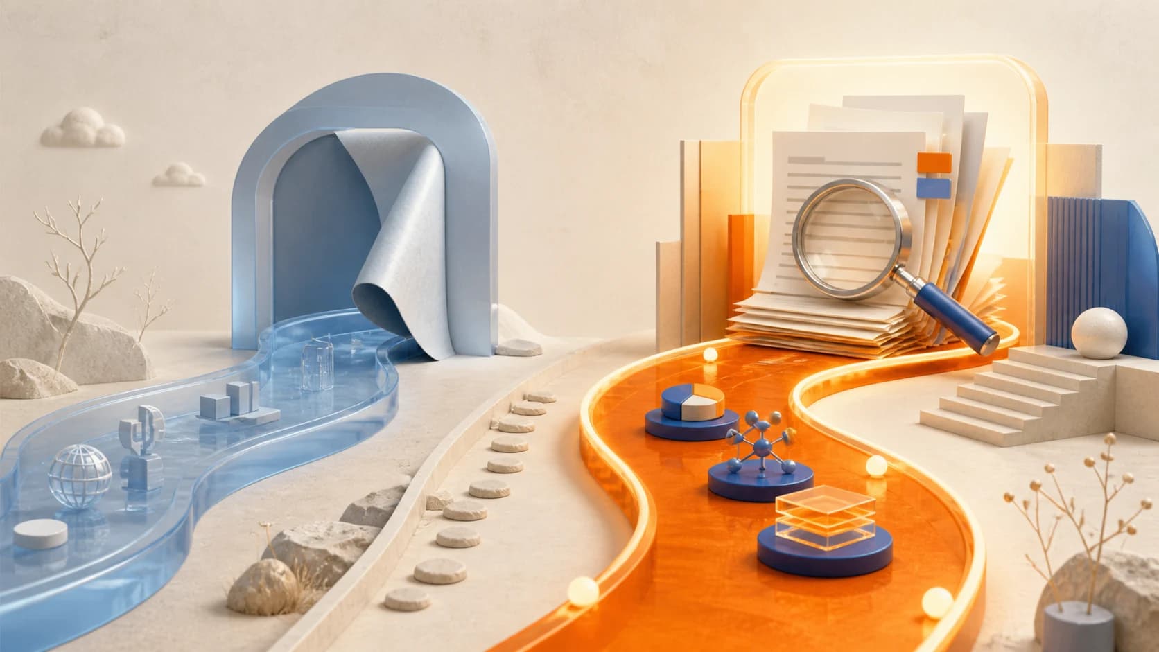 Ilustração editorial 3D de uma rota de pesquisa azul encerrada ao lado de uma nova rota laranja para documentos citados