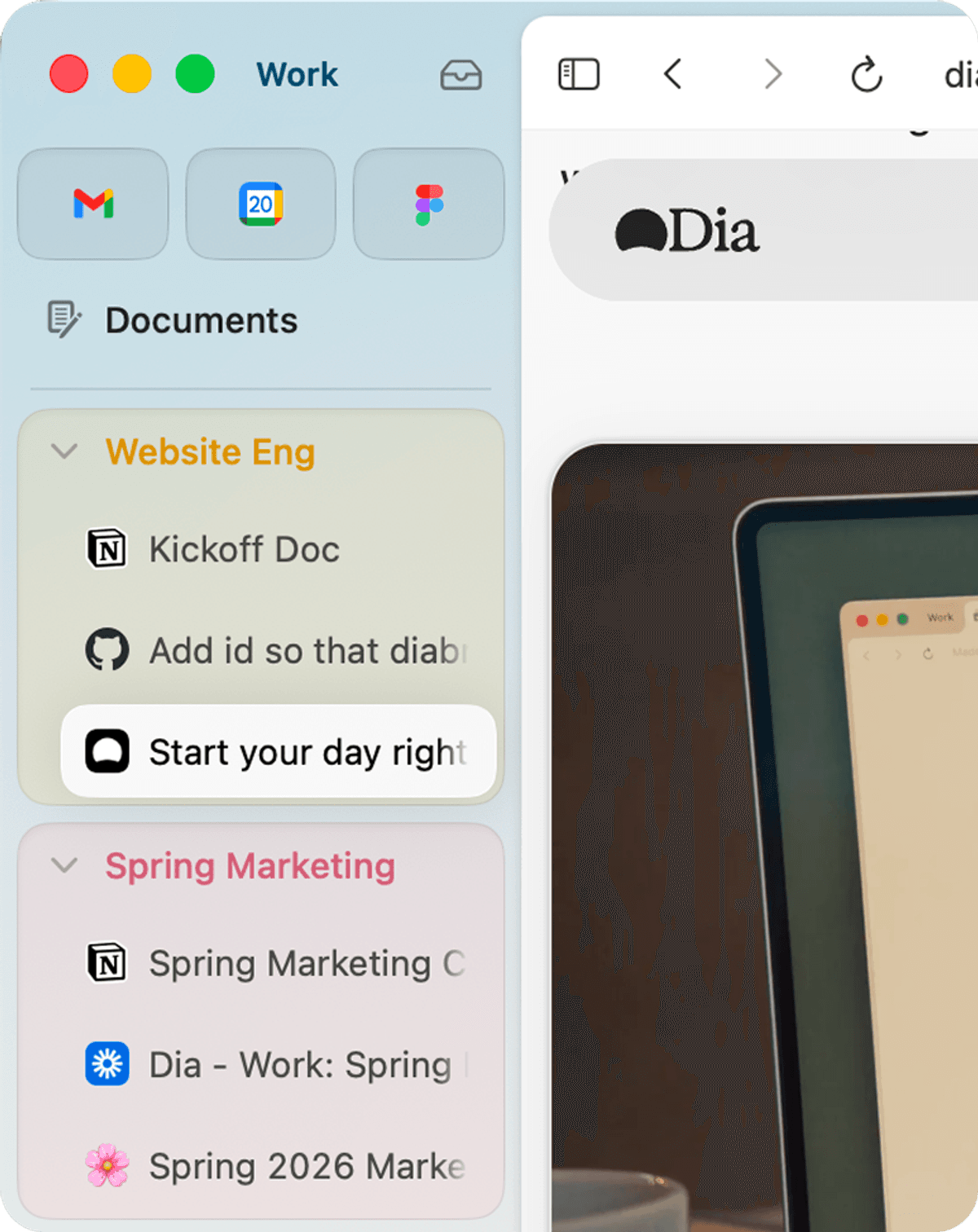 Dia browser sidebar with AI Skills panel showing co-pilot shortcuts and tab-aware assistance