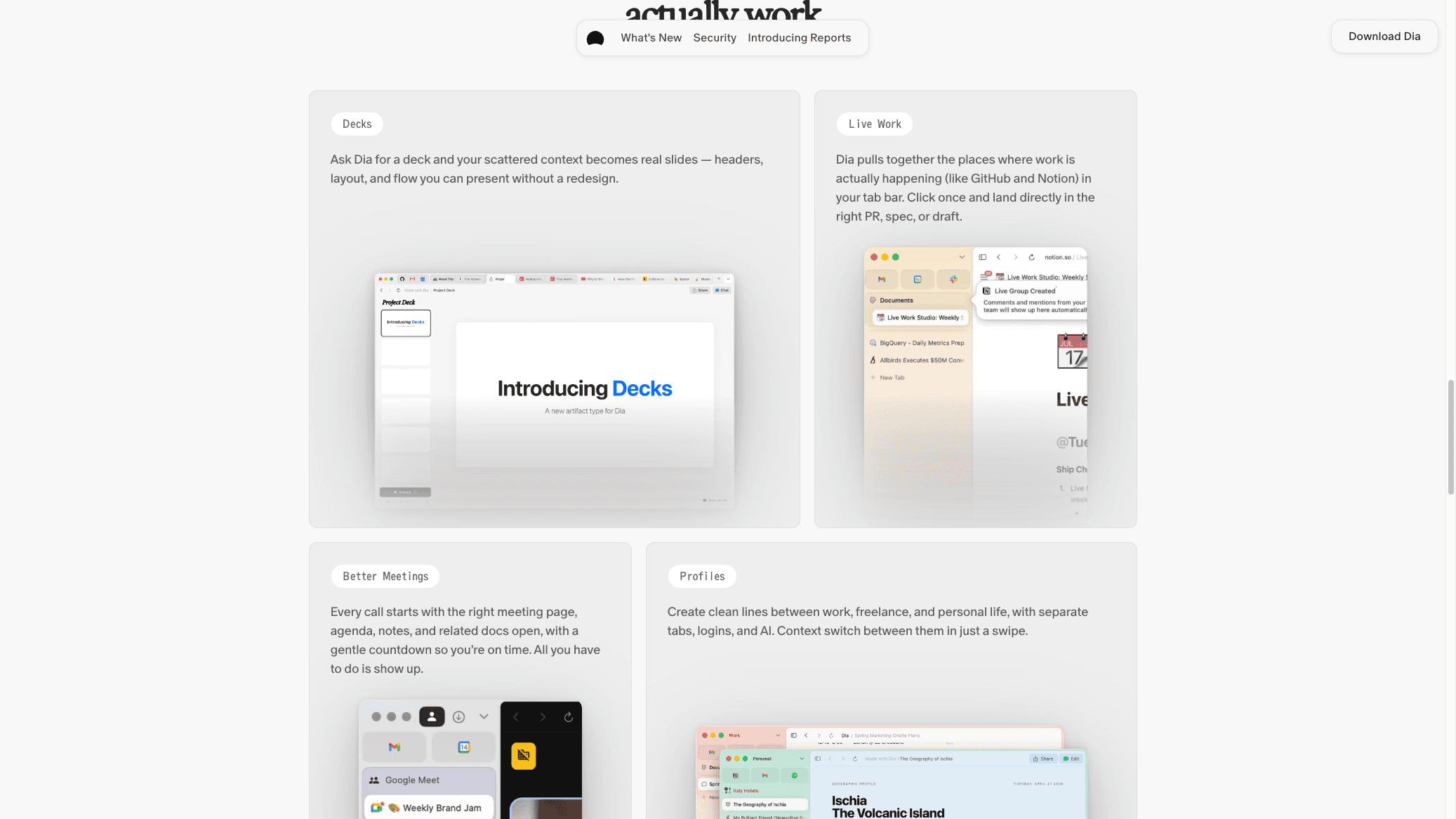 Dia browser synthesis view generating Morning Brief reports from Slack, Notion, and calendar sources