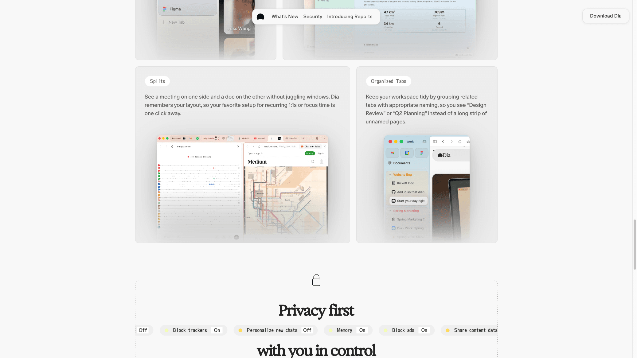 Dia browser workflow features including split views, Skills shortcuts, and Morning Brief synthesis