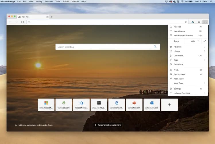 Nueva pestaña de Edge con búsqueda de Bing y menú abierto