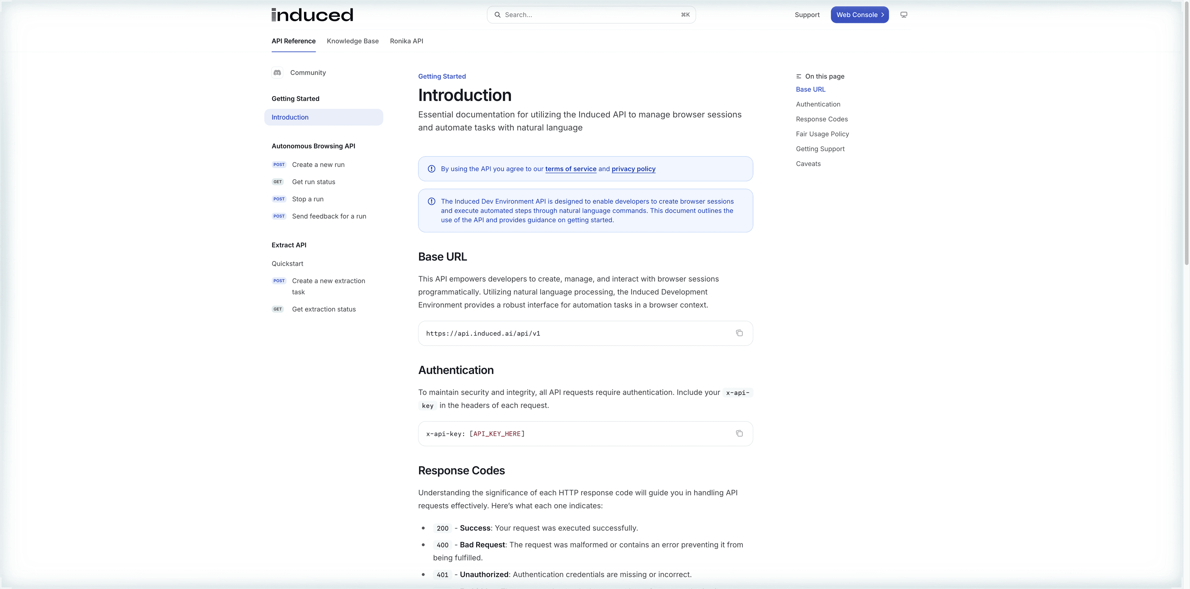 Induced AI official API documentation showing cloud headless API endpoints and authentication keys
