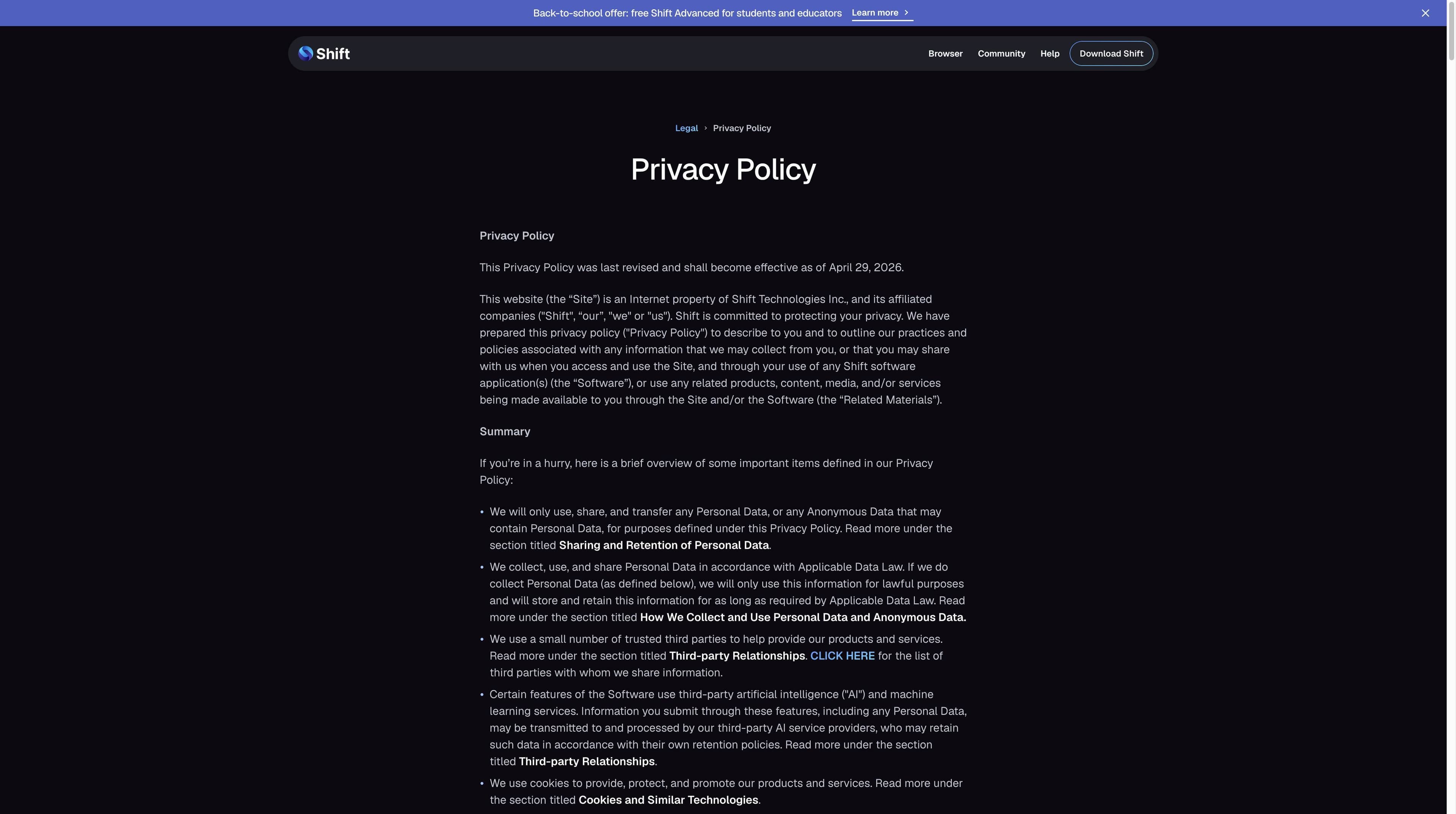 Shift Privacy Policy page naming Shift Technologies Inc. and describing personal data, third parties and AI providers