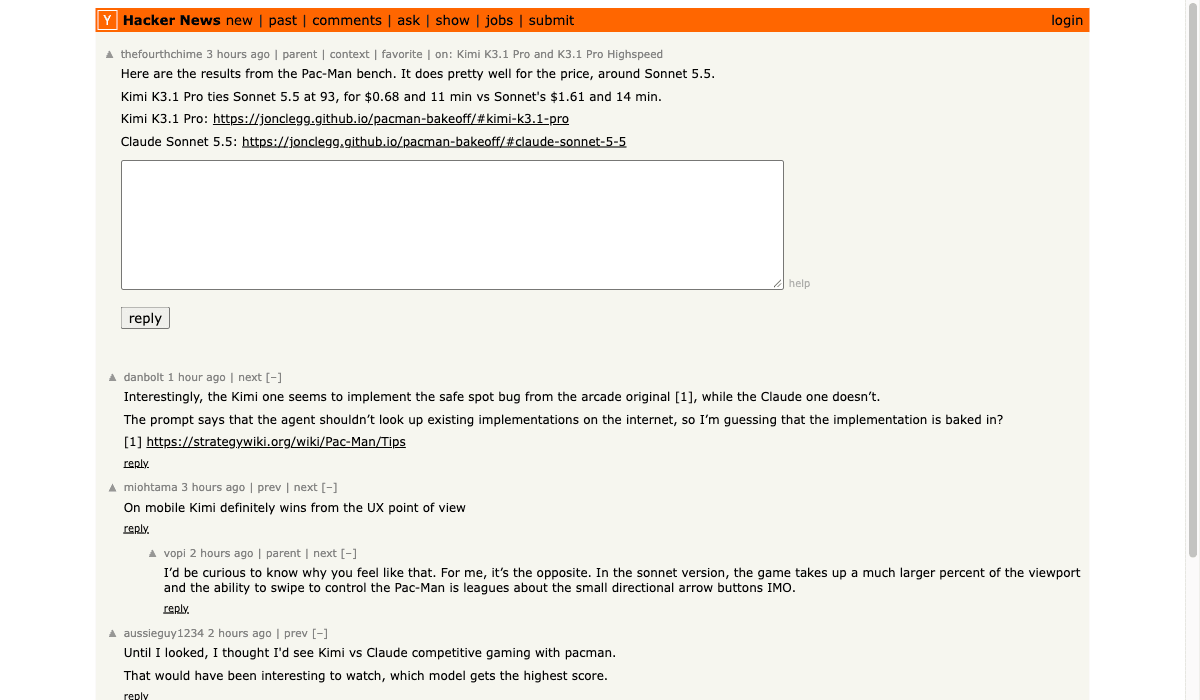 thefourthchime 在 Hacker News 分享 Pac-Man 任务的比较结果。