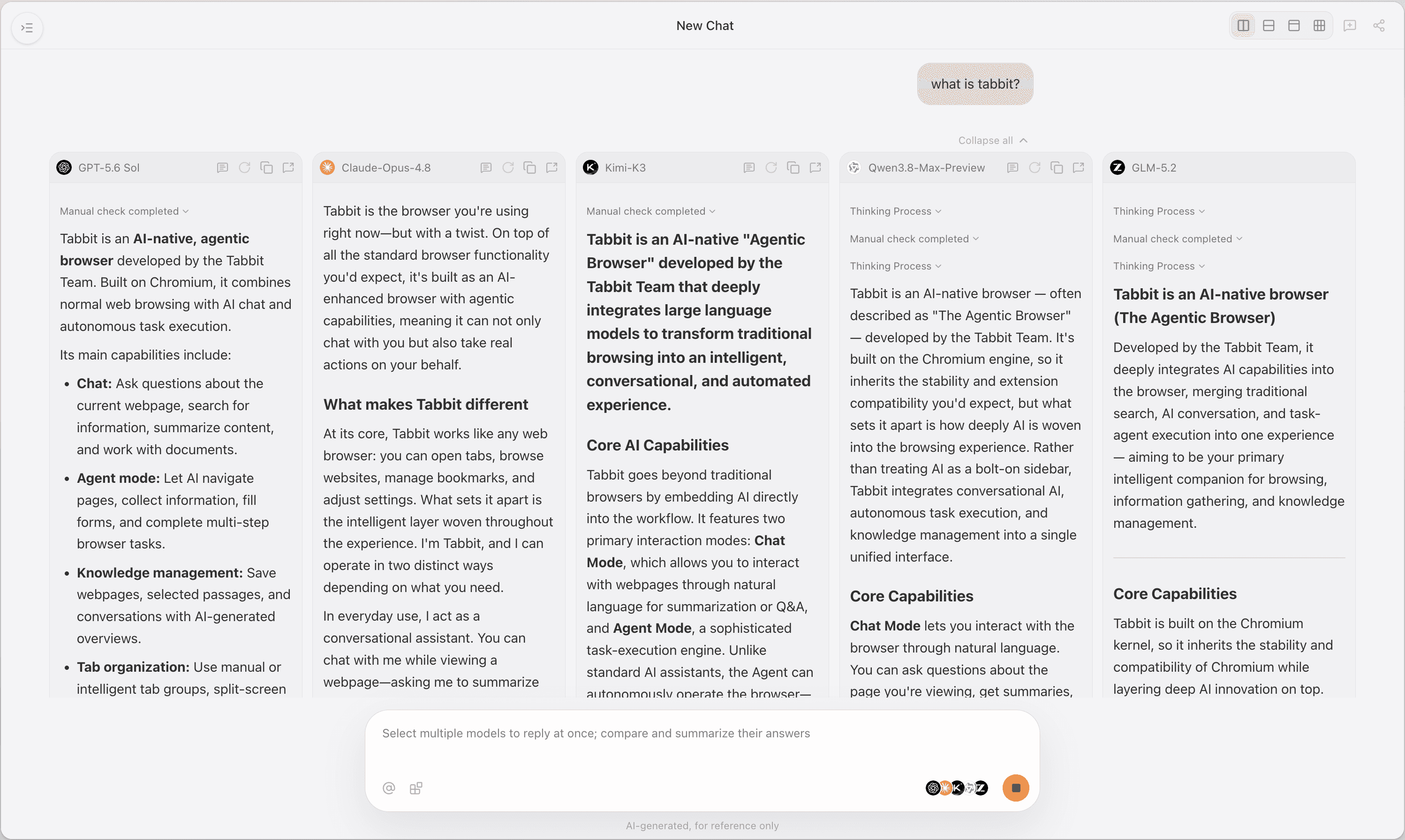 Tabbit Browser comparing answers from several AI models in parallel
