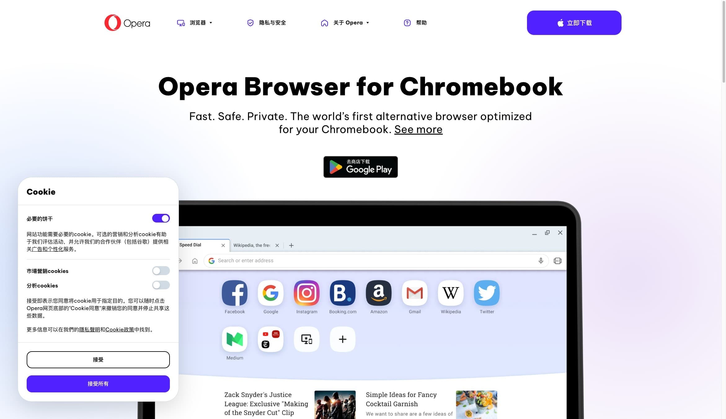 Official Opera Chromebook page showing regular Opera optimized for a Chromebook, with a Google Play badge and browser window