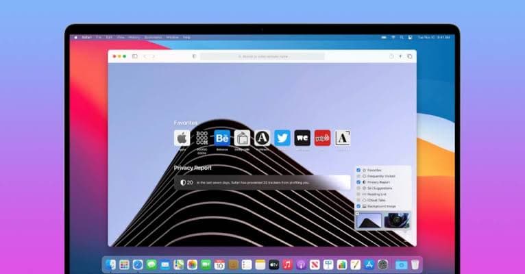 Página de inicio de Safari en Mac con favoritos e informe de privacidad