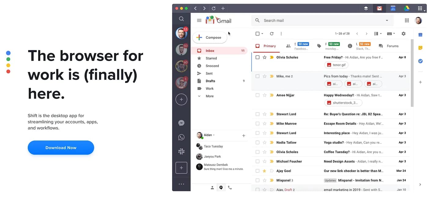 Independent Medium review image showing Shift’s 2020 browser interface with several Gmail accounts and app icons
