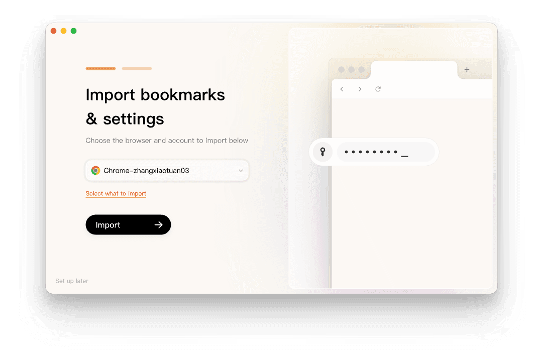 Tabbit import page showing how to bring bookmarks and settings from another browser