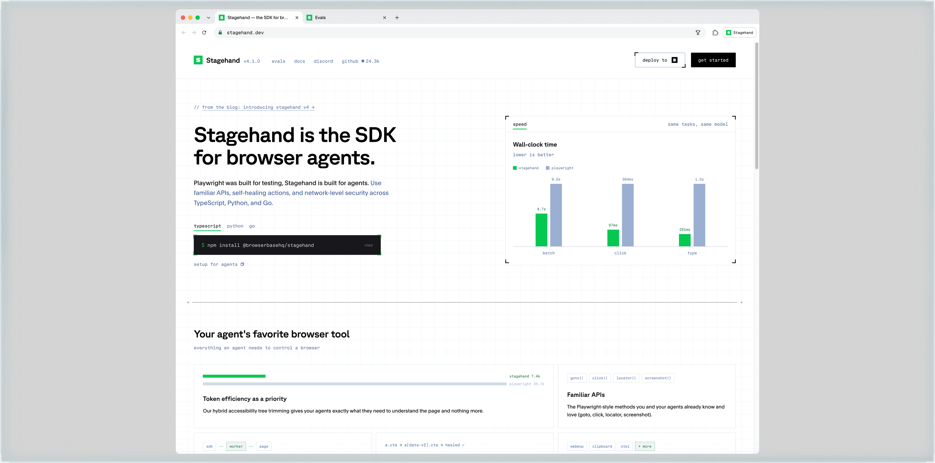 Stagehand official homepage: "The SDK for browser agents" headline, npm install command, and wall-clock time benchmarks against Playwright.