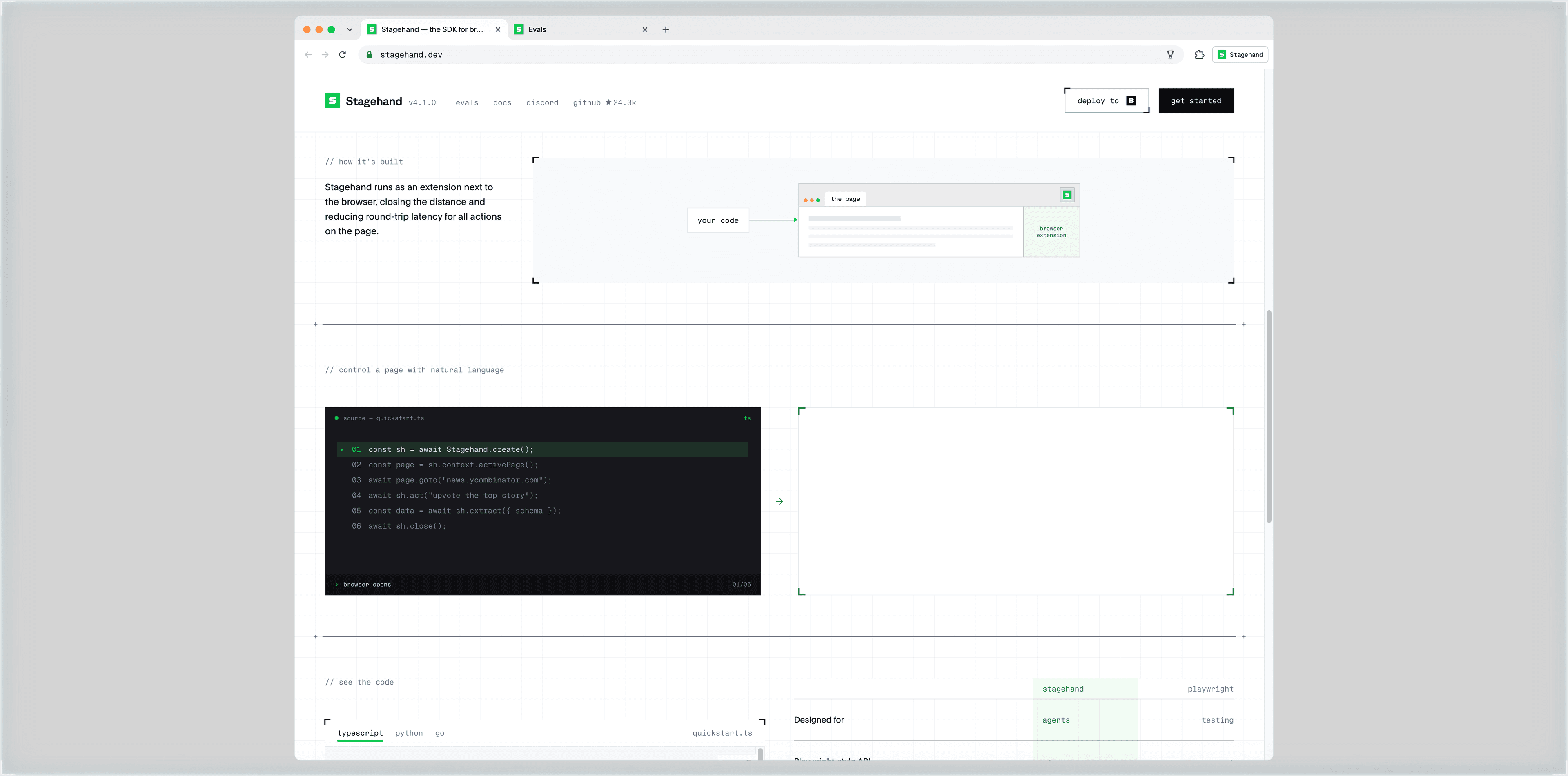 Stagehand quickstart documentation: code editor with example on the left, page-extension architecture diagram on the right.