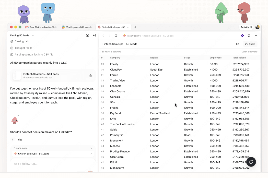 Strawberry browser interface with an AI Companion sourcing 50 UK fintech leads and parsing them into a CSV file