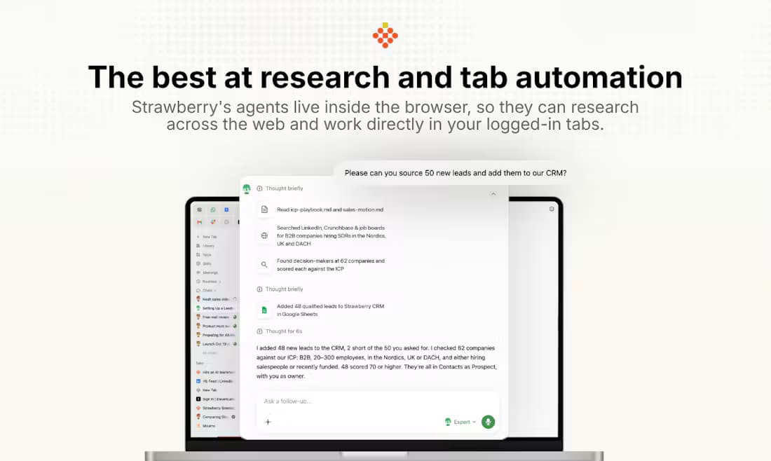 Strawberry marketing screenshot showing an agent researching leads across LinkedIn and Crunchbase and logging them to a spreadsheet
