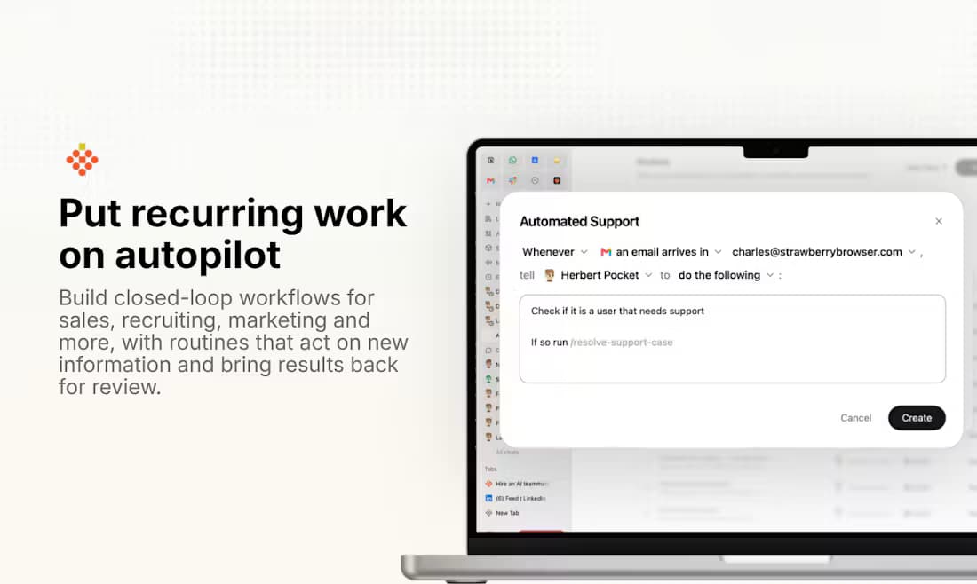 Strawberry marketing screenshot of the Automated Support routine builder that reacts to incoming emails