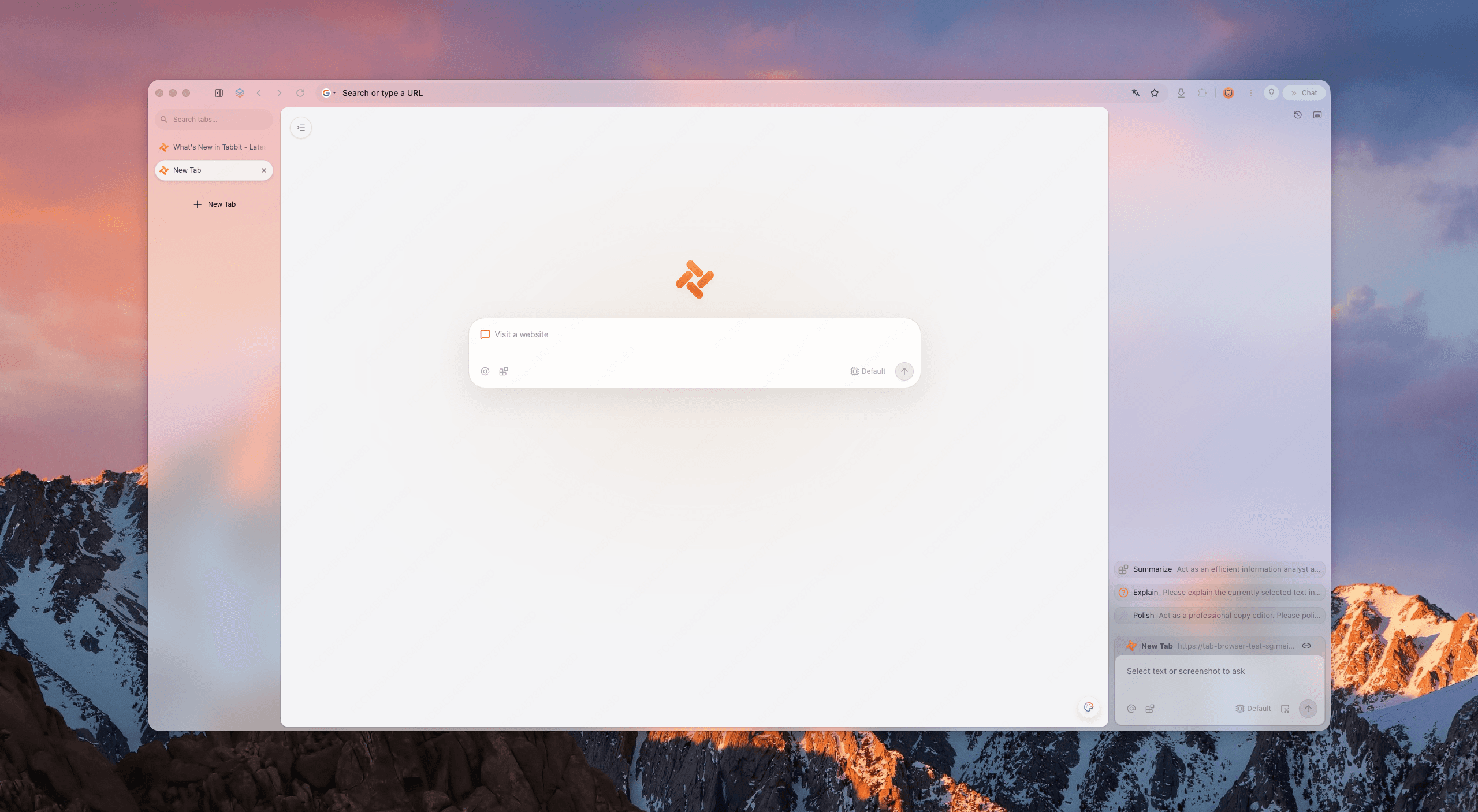 Tabbit Browser new tab page on desktop, showing the AI-native private browser interface
