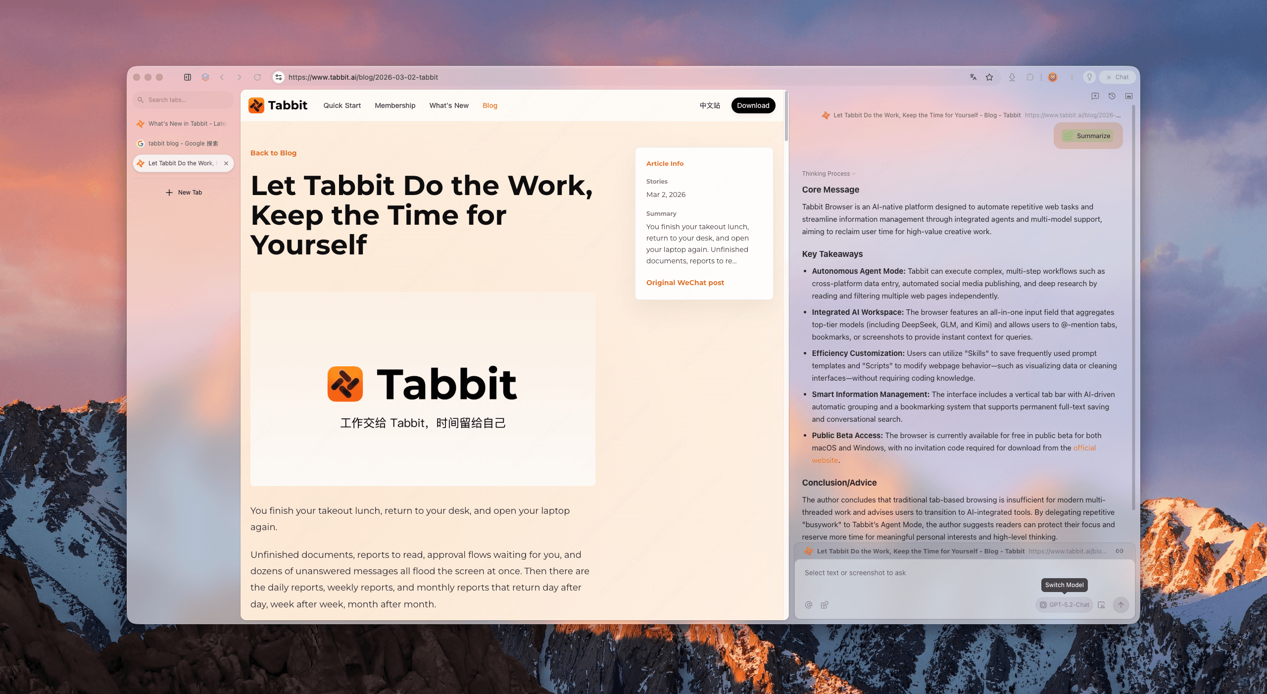 Tabbit Browser summarizing the current webpage in an AI sidebar while vertical tabs remain visible