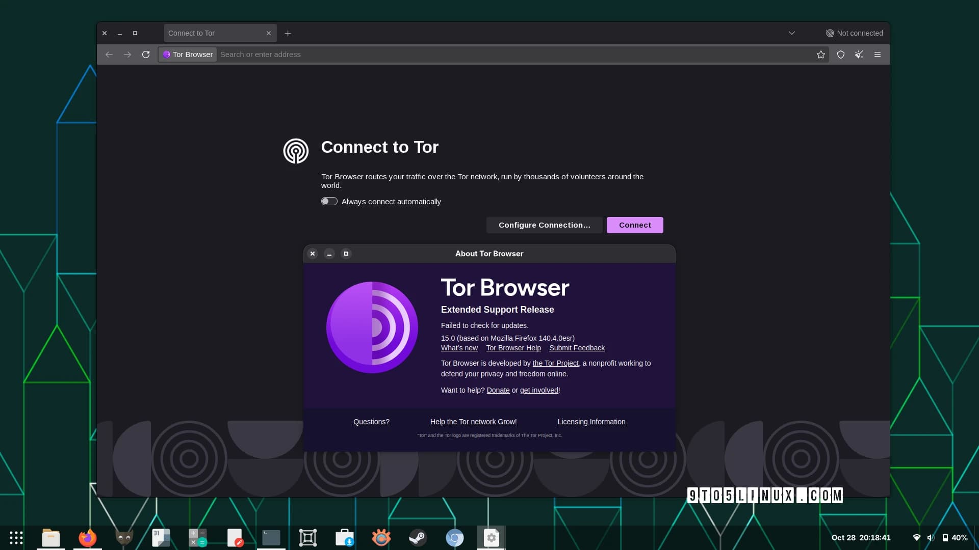 Pantalla de conexión de Tor Browser para enrutar el tráfico por la red Tor