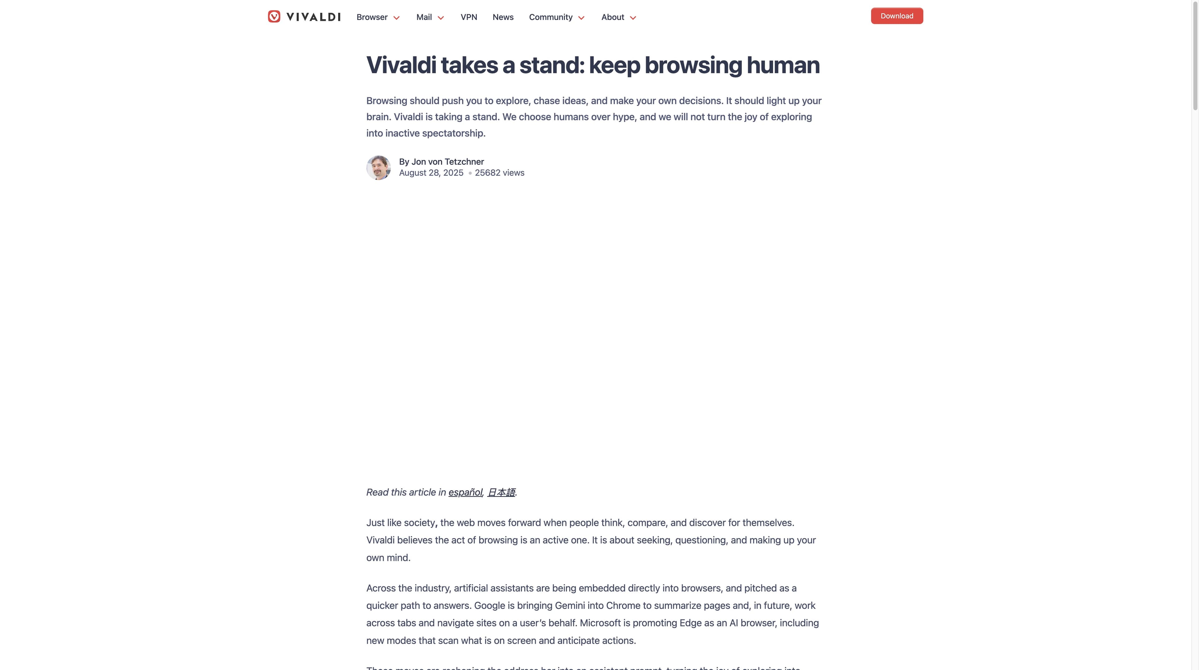 Vivaldi official blog article titled Vivaldi takes a stand: keep browsing human, with its date and opening paragraphs visible