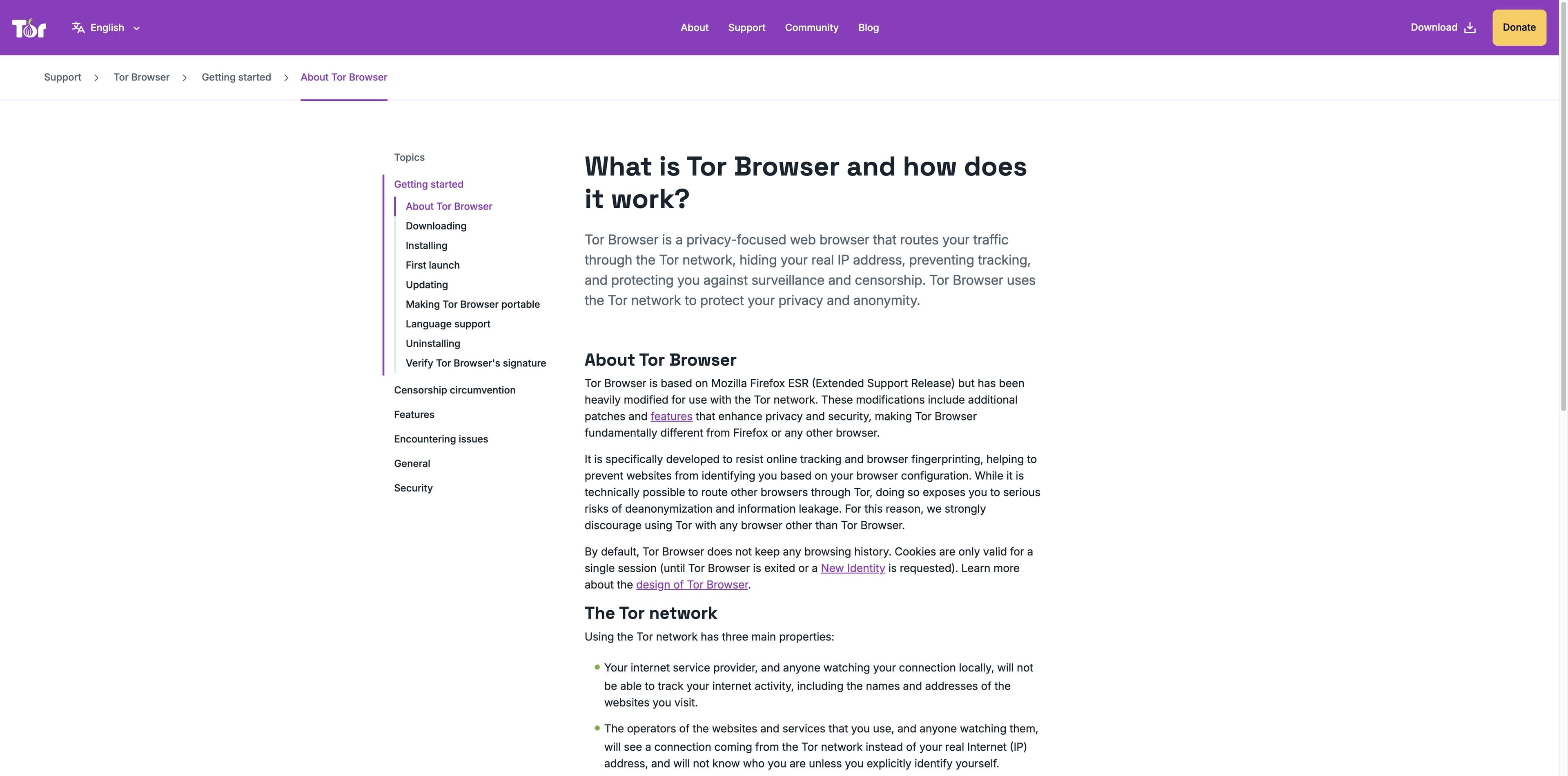 Tor Project support page explaining what Tor Browser is, the Tor network and three relays