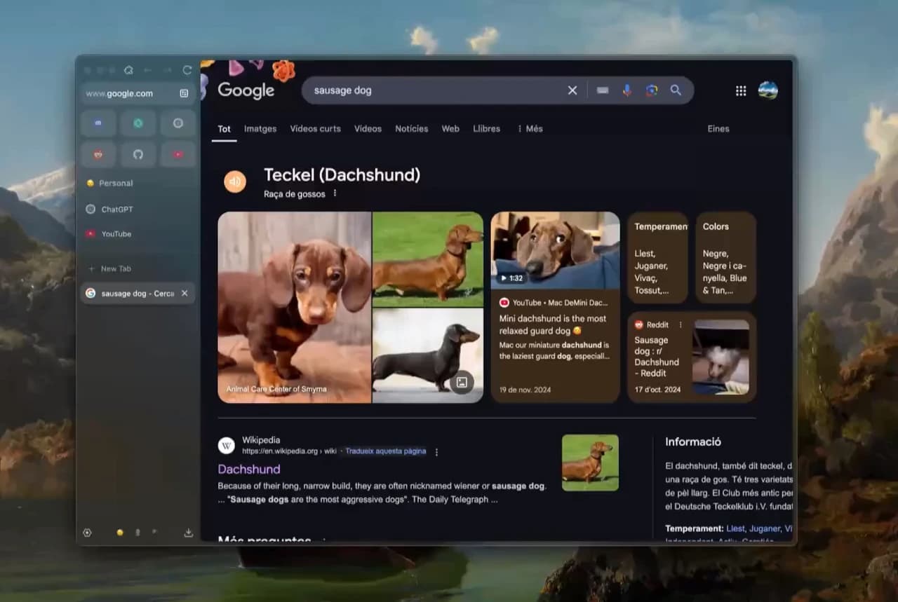 Zen con pestañas laterales navegando por resultados de búsqueda de Google