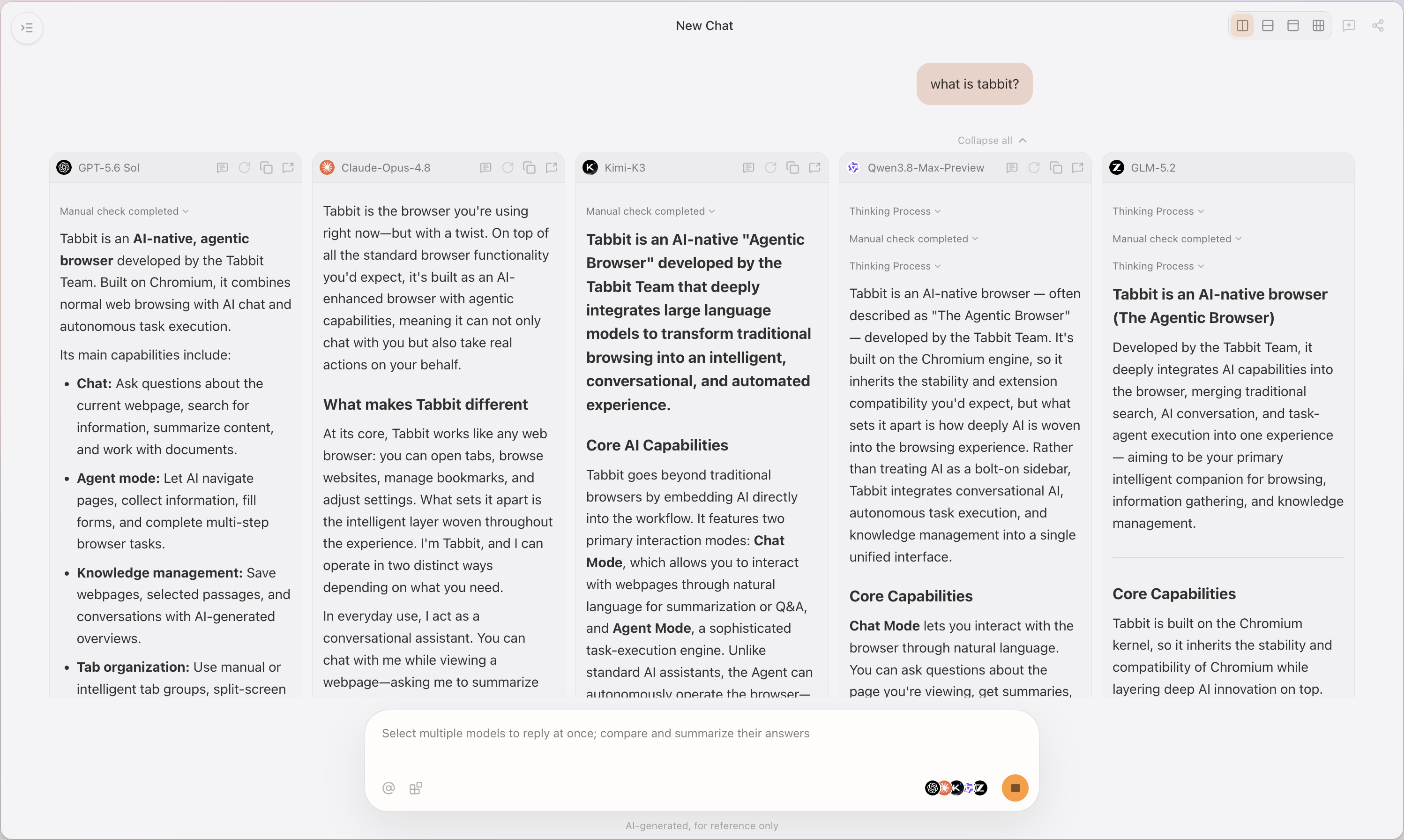Tabbit New Chat view with five columns — GPT, Claude, Kimi, Qwen, and GLM — answering “what is tabbit?” side by side.